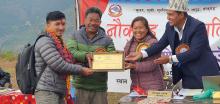 Mr. Sajjan Ghale of Naukunda-6 being facilitated by the Chairperson, Vice Chairperson and CAO for the successful ascend of Mount Manaslu aka The Killer Mountain